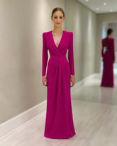 Chic Purple V-Neck Long Sleeves Ruffles Long Satin Mother of the Bride Dress Wedding Guests Dress With Slit